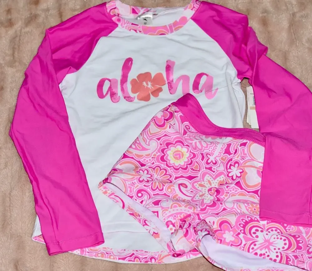 Tommy Bahama Girls Swimsuit Long Sleeve Rashguard Boy Shorts 2pc Size 12 NWT!